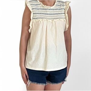 J. Crew Ruffle Sleeve Smocked Top, Size Small. Ivory with blue stitching at top